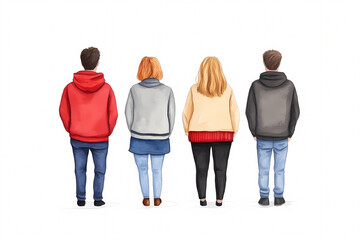 Naklejka premium A vibrant illustration of four friends walking together showcasing camaraderie in an urban environment. On white background