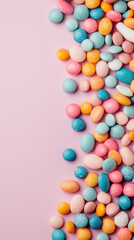 Obraz premium Food sweet snack junk diet concept. Colorful candy on a pastel background
