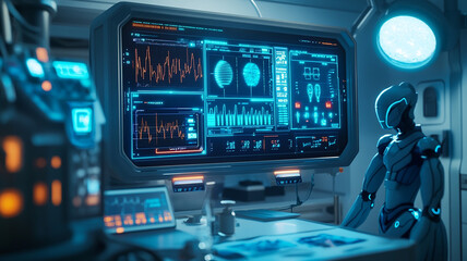Fototapeta premium Artificial intelligence robot assists doctor in analyzing patient data on high-tech screen in futuristic hospital