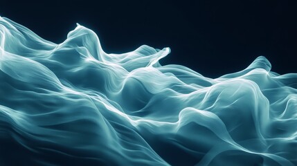 74.Abstract vector of a blue ocean wave in motion, rendered with fluid lines and soft blue tones. The wave features transparent elements, with light refracting through the water, creating a sense of