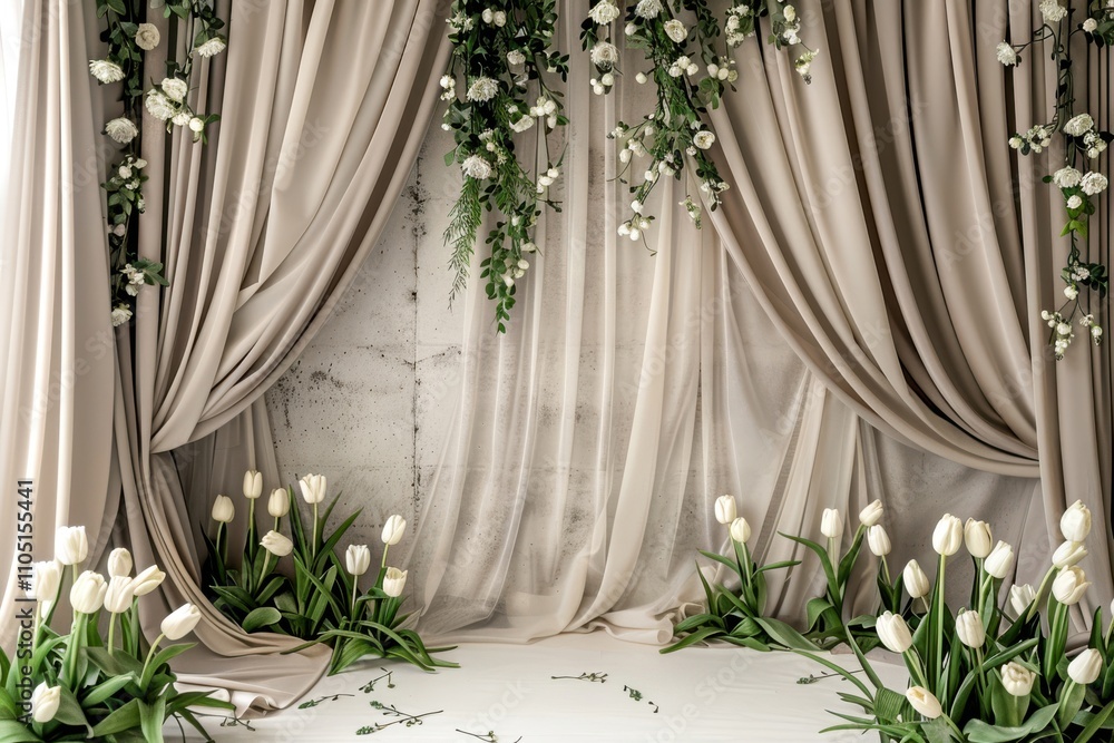 Poster modern minimalist style cool taupe studio backdrop with a matte finish, light beige curtains with sl