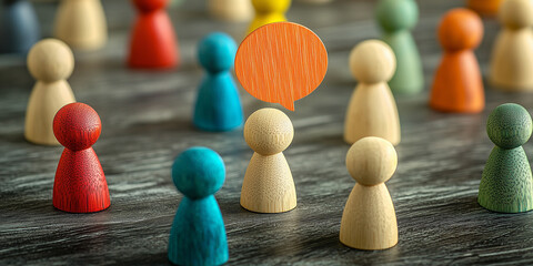 A collection of wooden figures in different colors surrounding a figure with an orange speech bubble, representing communication and community