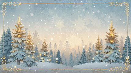 Obraz premium Winter forest with snowy pine trees and golden stars