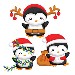 Cute Christmas Penguin Animal Winter Cartoon Holiday Illustration Vector Clipart Sticker Decoration Background