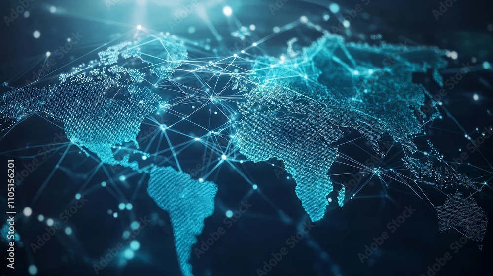 Poster abstract representation of global business connections, with a world map and interconnected lines re