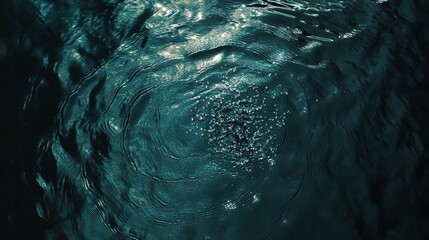 4.Top-down view of water droplets falling rhythmically into a smooth pool, causing gentle ripples to spread. The surface of the water reflects the ambient light, and the delicate waves create a