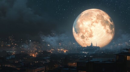 Giant Moon Over Cityscape
