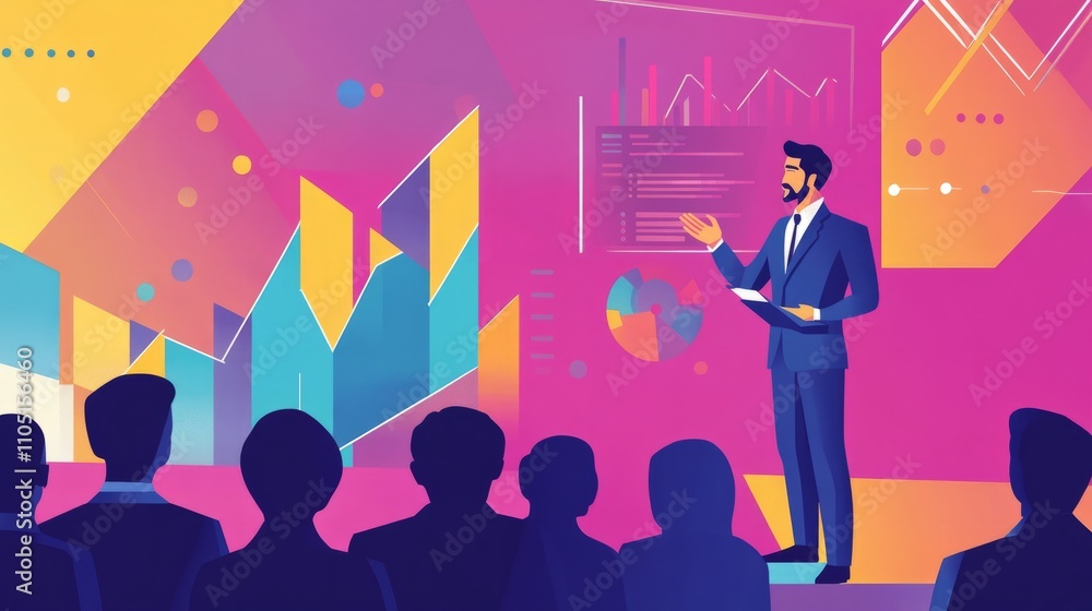 Poster abstract vector illustration of a business leader standing in front of a group, giving a presentatio