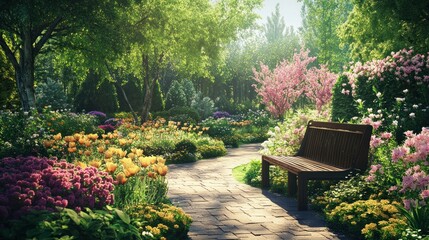 Obraz premium Serene garden path with vibrant flowers and a wooden bench.