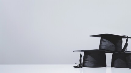 Several black graduation caps isolated on a white background
