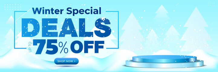 Winter season, snow forest background with podium. Banner for Winter special deals, 75% off, discount, Sales promotion Logo design.