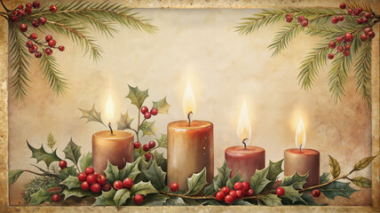 Rustic candle display with pine and red berries