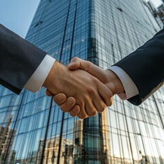 Business: A handshake between two professionals in front of a modern skyscraper.