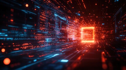 Fototapeta premium Abstract digital tunnel with glowing square portal and binary code.