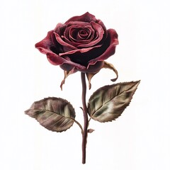 Single deep burgundy rose with stem and leaves, isolated on white background.