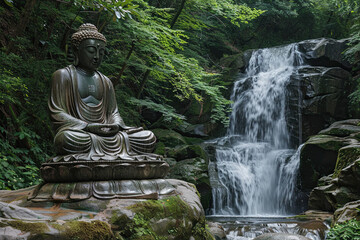 Beautiful greeting card with ancient statue great Buddha to bright holiday composition
