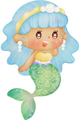 Sister Mermaids Watercolor illustration - Blue hair mermaid