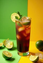 Fototapeta premium Iced Tea with Lime and Mint on Colorful Background.
