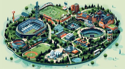 Isometric illustration of a university campus with various sports facilities and academic buildings.