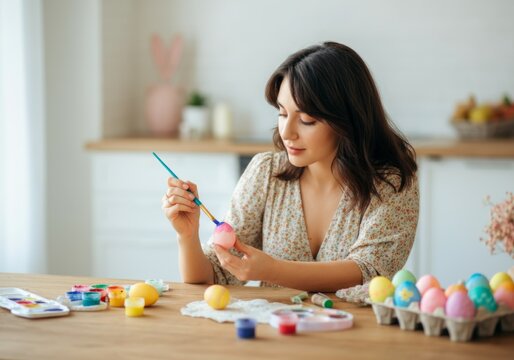 Young woman painting Easter eggs in bright kitchen during springtime