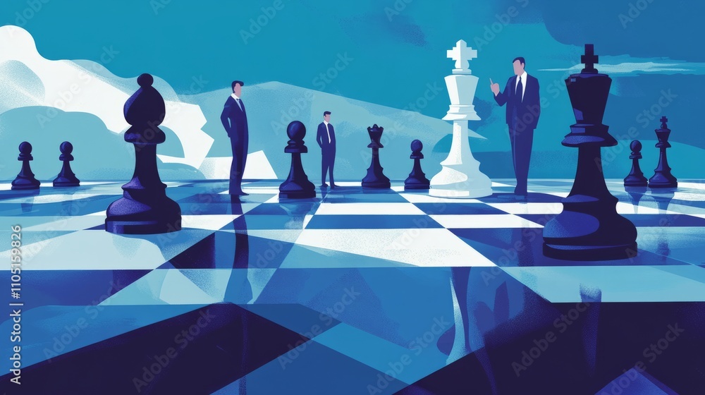 Poster vector art of a business strategy game, with chess pieces representing different roles and strategie