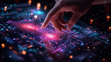 Ai generates a cosmic touch interactive technology experience virtual space digital art futuristic close-up viewpoint innovation concept