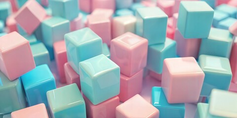 Obraz premium Abstract composition of glossy pastel color cubes in pink, blue, and green tones. Digital backdrop