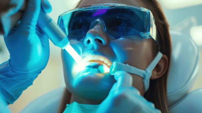 Dental beautician, a woman undergoing teeth whitening treatment in dentist practice using blue laser light and glasses for close-up zoom view with color scale showing.