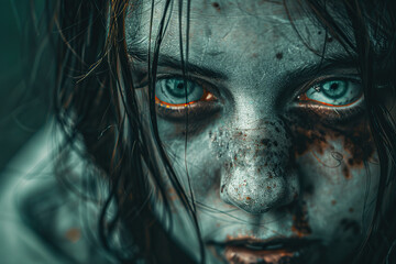 Scary sinister zombie wandering in street with dramatic lighting