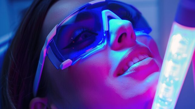 Dental beautician, a woman undergoing teeth whitening treatment in dentist practice using blue laser light and glasses for close-up zoom view with color scale showing.