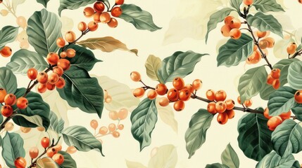Seamless pattern of orange berries and green leaves on a beige background. (1)