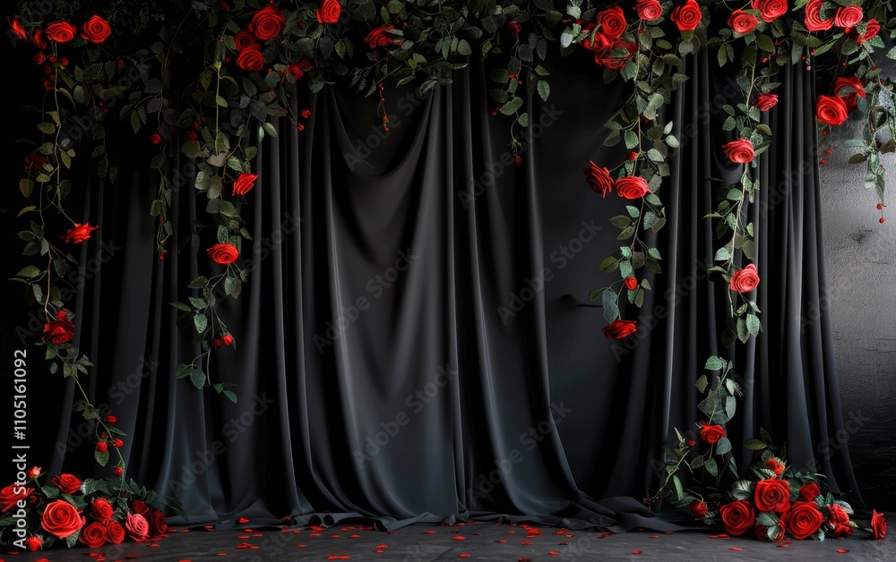 Poster obsidian black studio backdrop with a matte finish, obsidian black satin curtains with red roses and