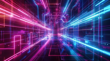 Fototapeta premium Abstract digital neon technology banner with high quality photograph on dark backdrop.