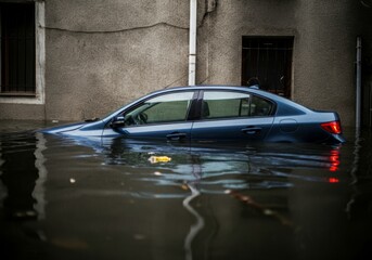 Blue sedan submerged in flooded urban street near building