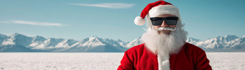 Santa in sunglasses enjoying sunny day in snowy landscape