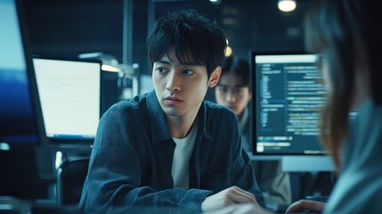 Japanese programmer team coding in modern office. Innovative Japanese coder group at work in startup environment. Asian software engineer team collaborating on new application.