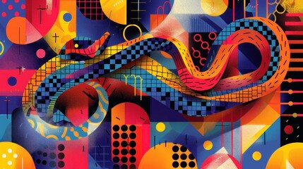 Abstract colorful snake illustration with geometric shapes.