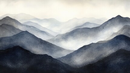 Misty Mountainscape Watercolor Painting Landscape