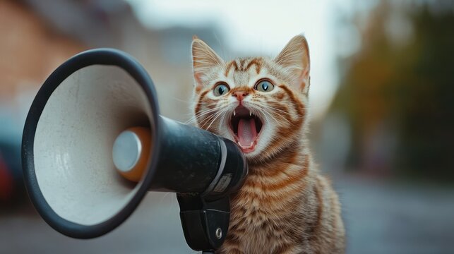 Lustige Katze br&Atilde;&frac14;llt ins Megafon: Witzige Werbung f&Atilde;&frac14;r Aktionen. Niedlicher Fellfreund als aufmerksamkeitsstarker Promoter. Virales Marketing-Potenzial