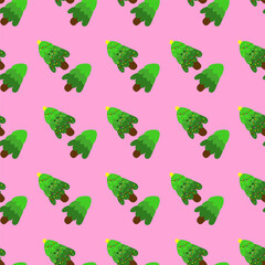 This seamless vector pattern features charming Christmas trees on a soft pink background, perfect for festive designs. Ideal for holiday cards, wrapping paper, and cheerful decor.