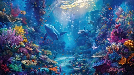 Fototapeta premium Vibrant coral reef teeming with diverse marine life, including sharks, fish, and colorful corals.