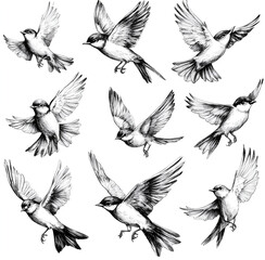 Obraz premium Hand-drawn sketch of birds in various poses on a white background