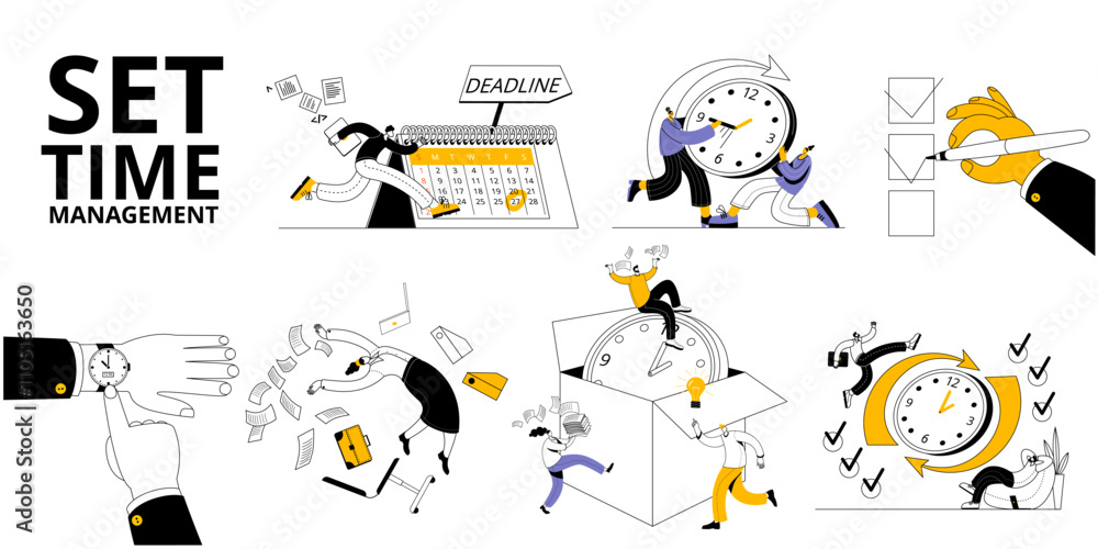 Poster a group of characters is fussing around the clock, trying to get somewhere in time. a set of vector 