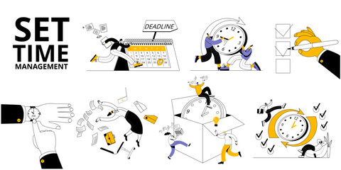 A group of characters is fussing around the clock, trying to get somewhere in time. A set of vector illustrations on the topic of time management and working time estimation.