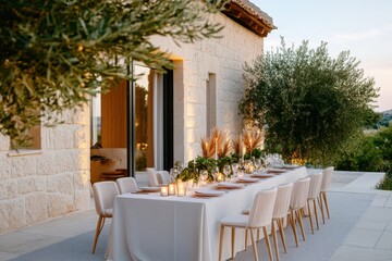 Obraz premium Elegant dining room setup featuring greenery and linen chairs for a sophisticated atmosphere.