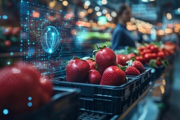 Fresh strawberries with digital display in a modern market