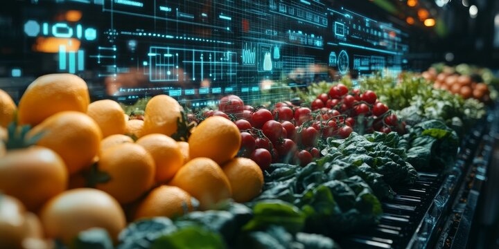 Display of fresh produce with digital interface overlay in a market