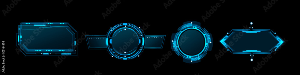 Aufkleber futuristic blue frames with neon glowing tech elements on black backdrop. various geometric shapes -