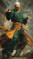 Fototapeta premium A weathered man in green robes with a flowing orange sash, in a martial arts pose..