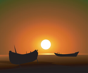 Sea beach & Fishing Boats at Sunset  